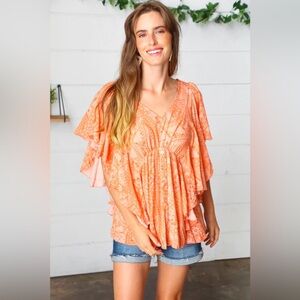 Apricot Boho Print Button Detail Side Ruffle Top